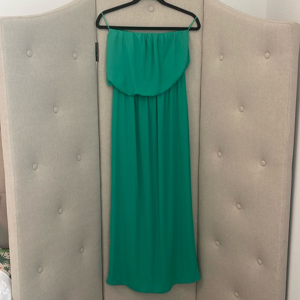 Express Green Asymmetrical Front Elastic Waist Strapless Maxi Dress XS